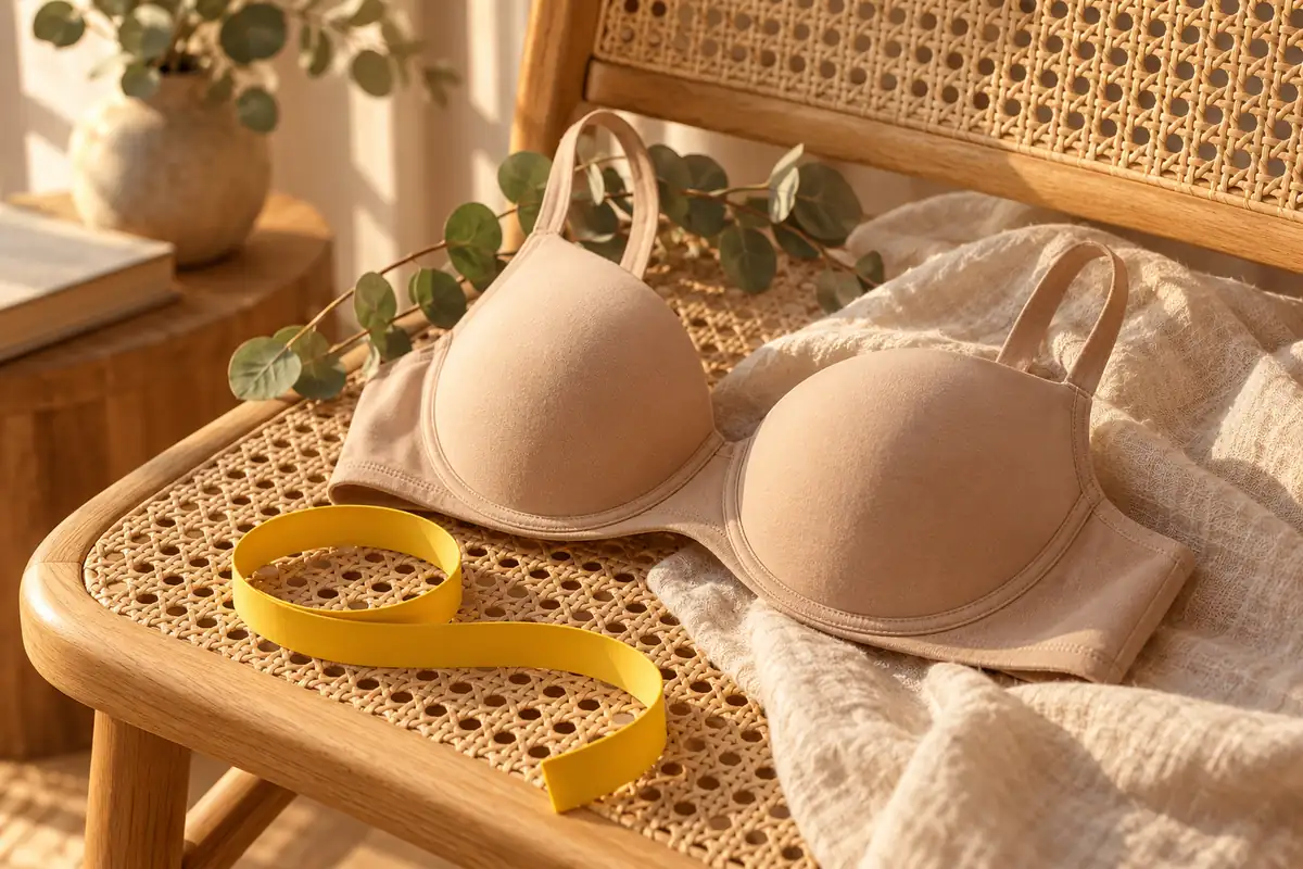 A beige bra on a sunlit rattan chair with eucalyptus