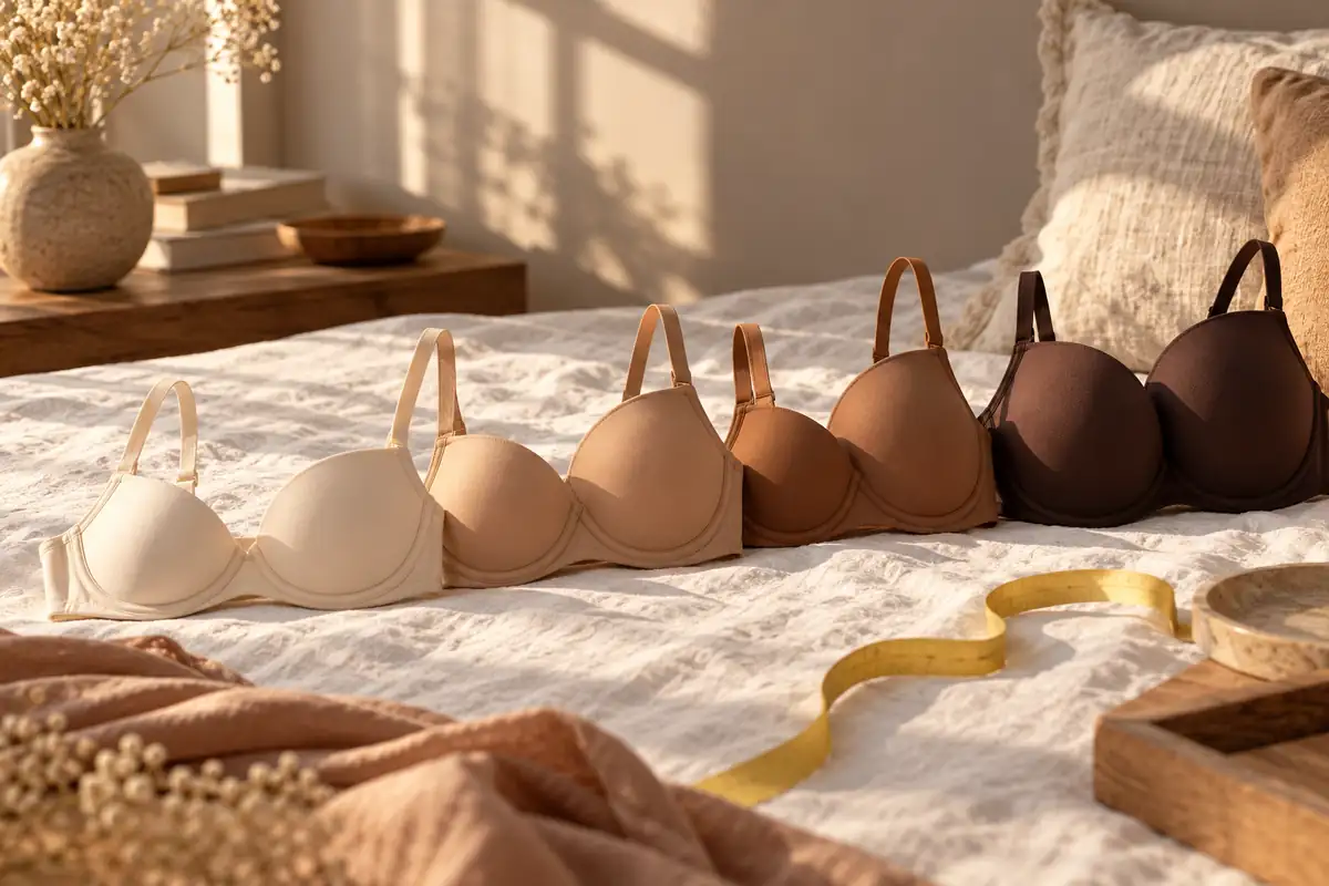 Five bras in a row on linen, cups getting deeper from left to right