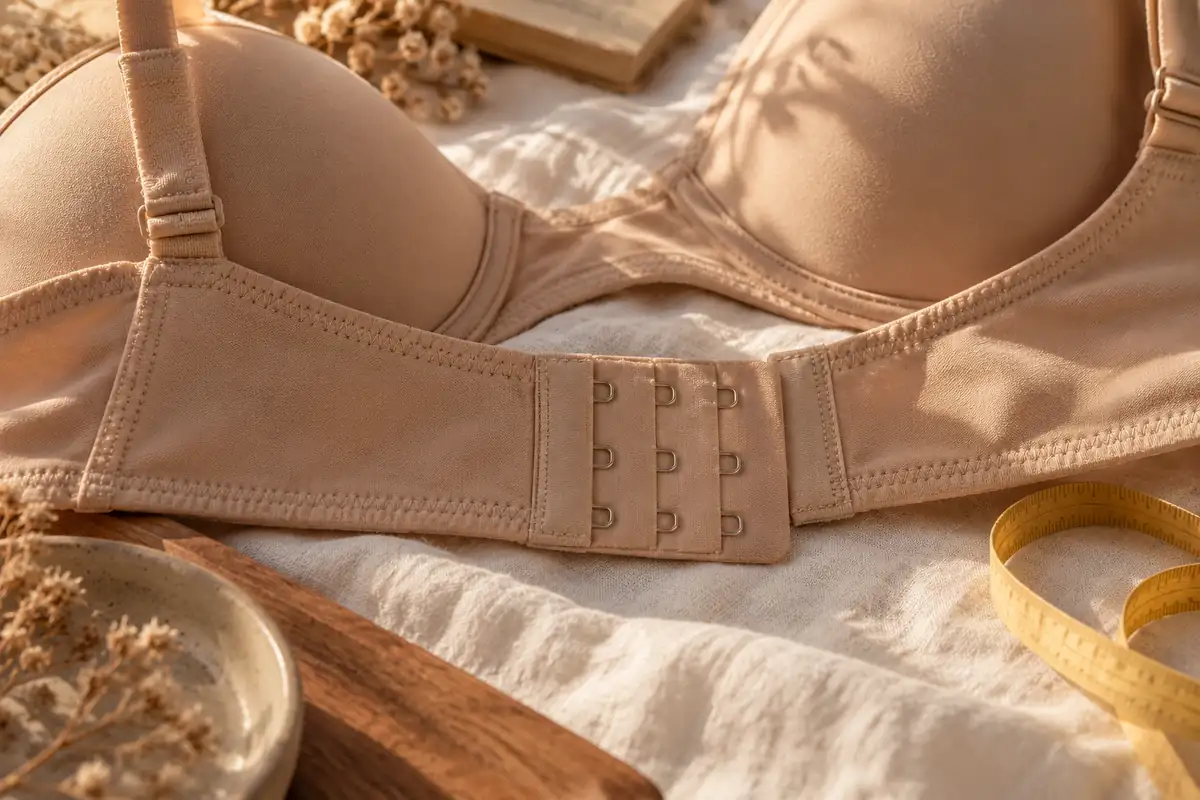 A close-up of a bra's hook-and-eye fastening on linen