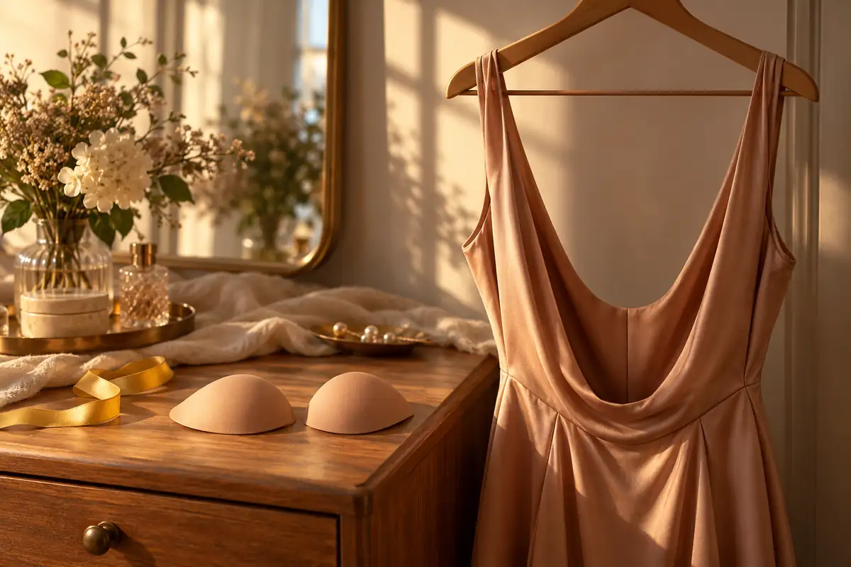A low-back dress on a hanger with adhesive cups below