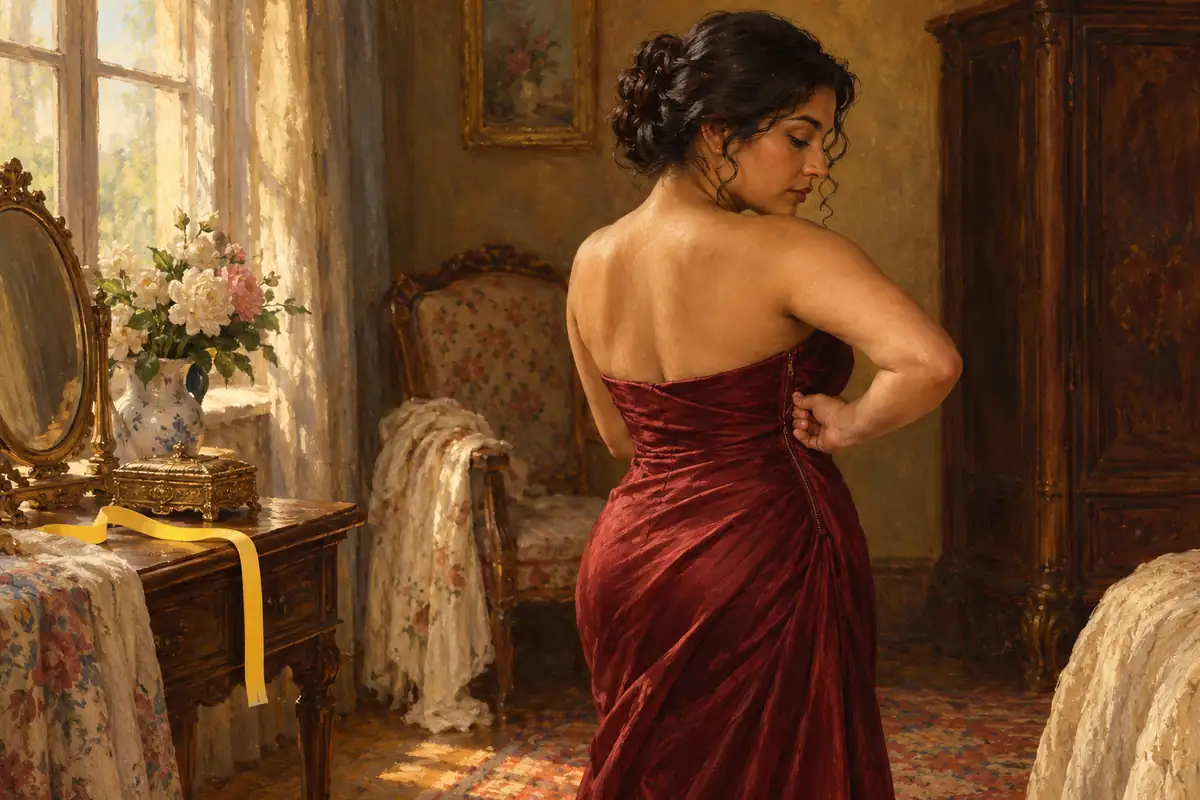 Painting of a woman zipping up a strapless evening dress