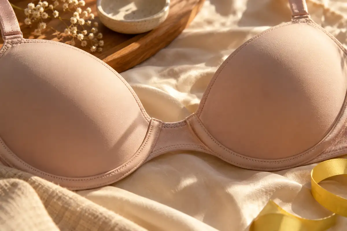 A close-up of a plunge bra's low center on silk