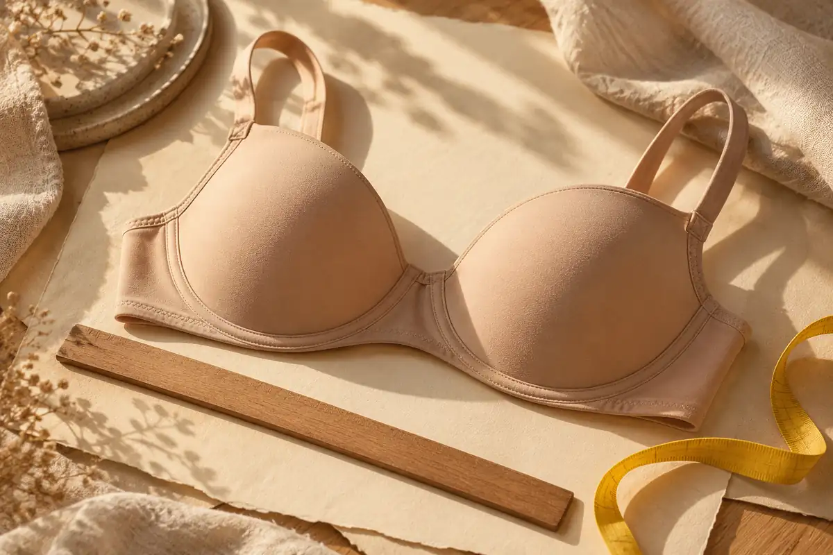 A bra on cream paper next to a wooden ruler and a yellow tape