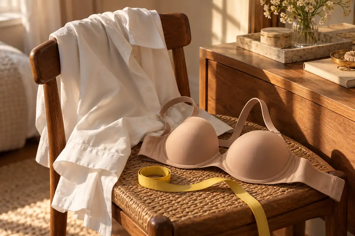 A white shirt over a chair with a smooth skin-tone bra beside it