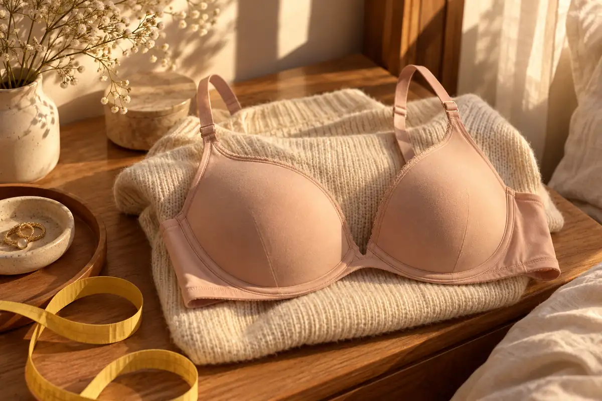 A lightly lined plunge bra on a folded cream sweater