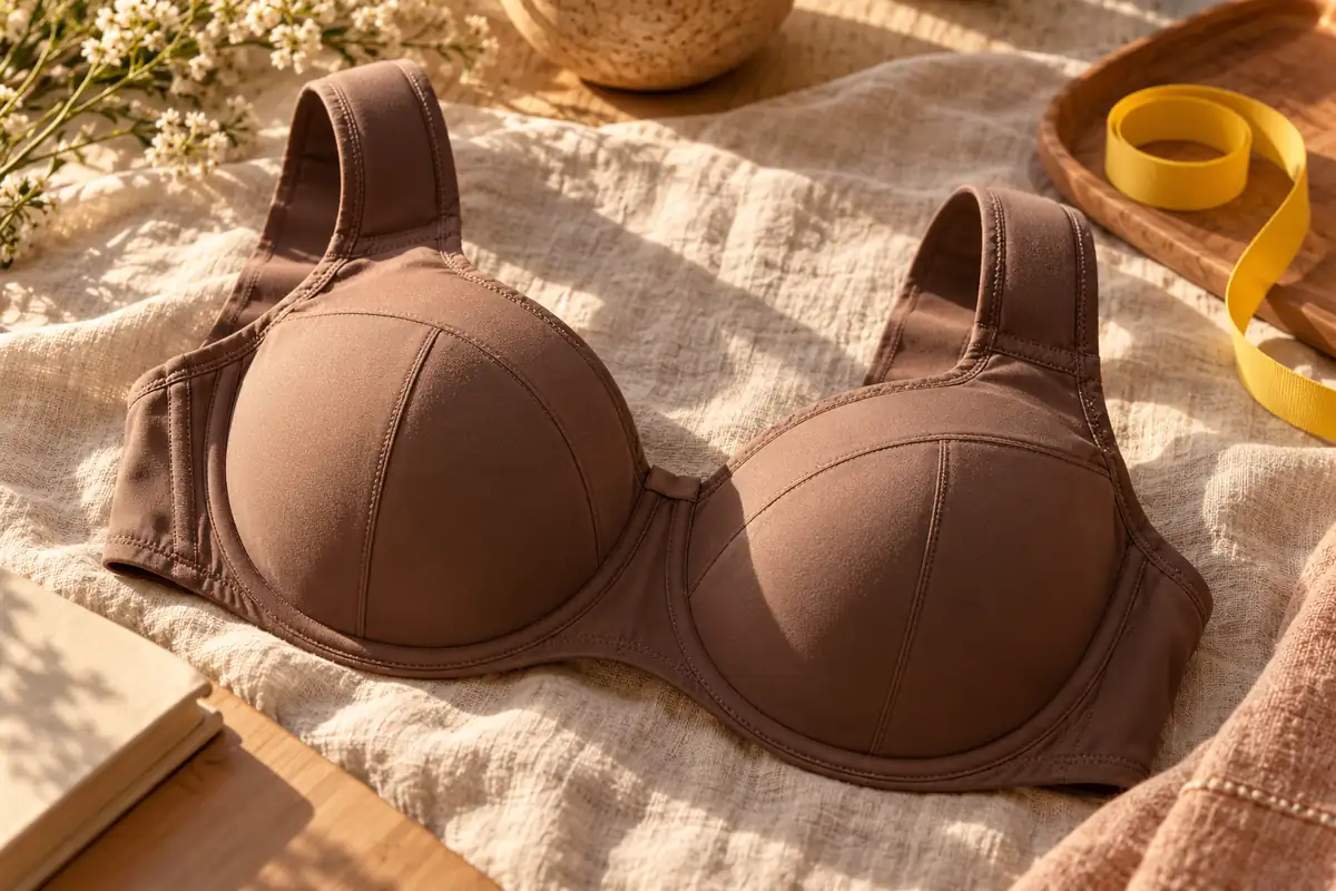 A mocha full-cup bra with wide straps on linen