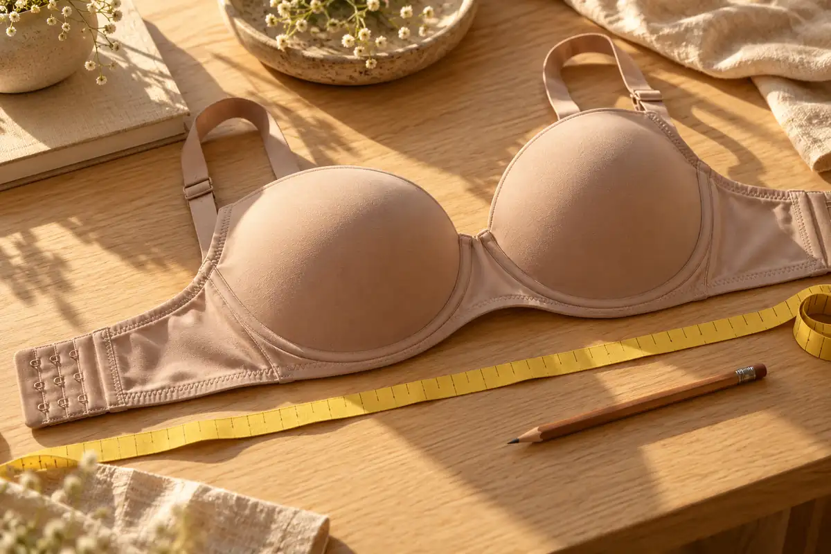 A nude T-shirt bra on an oak table with a yellow tape along the band