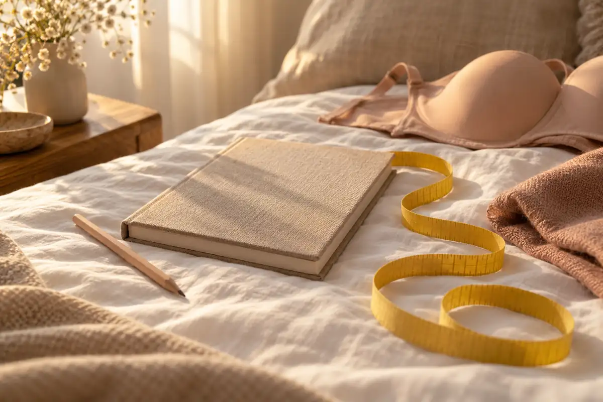 A yellow tailor's tape coiled on a bed beside a notebook