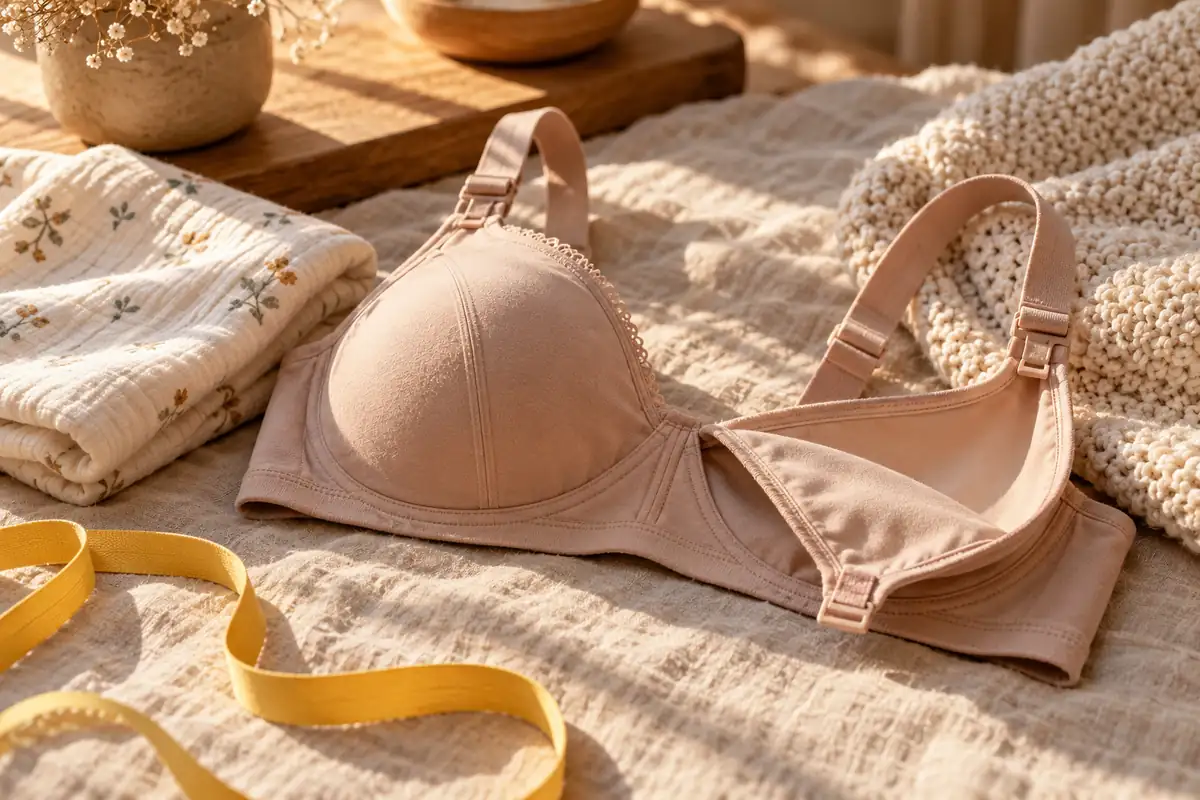 A nursing bra with an open clip beside a muslin cloth and a baby blanket