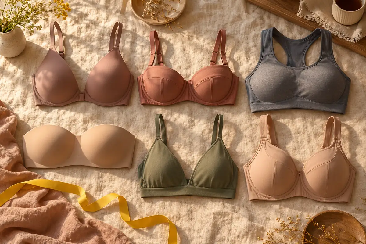 Six different bra styles laid out on a linen sheet